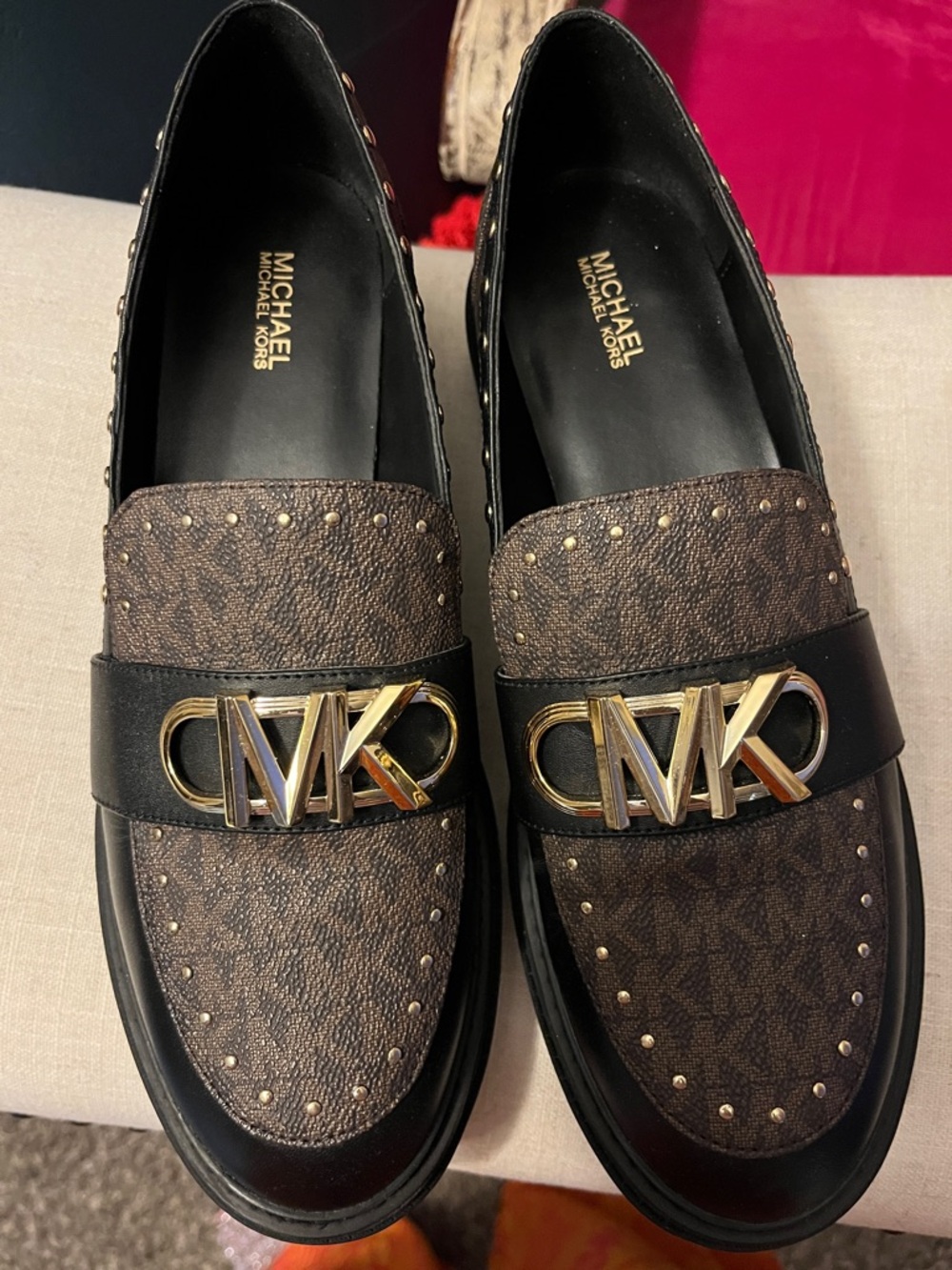 Michael Kors Parker Lug Loafers Brown and Black Logo Loafers with Gold MK Accent